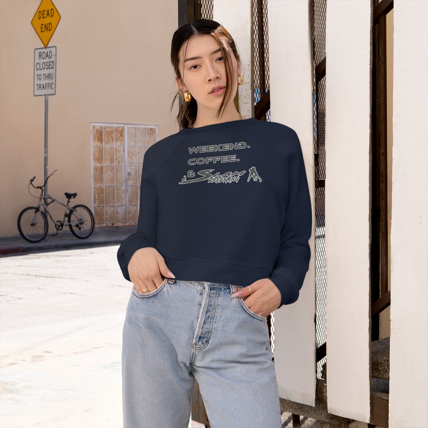 Weekend Coffee and Slam Wrestling Women's Cropped Sweater