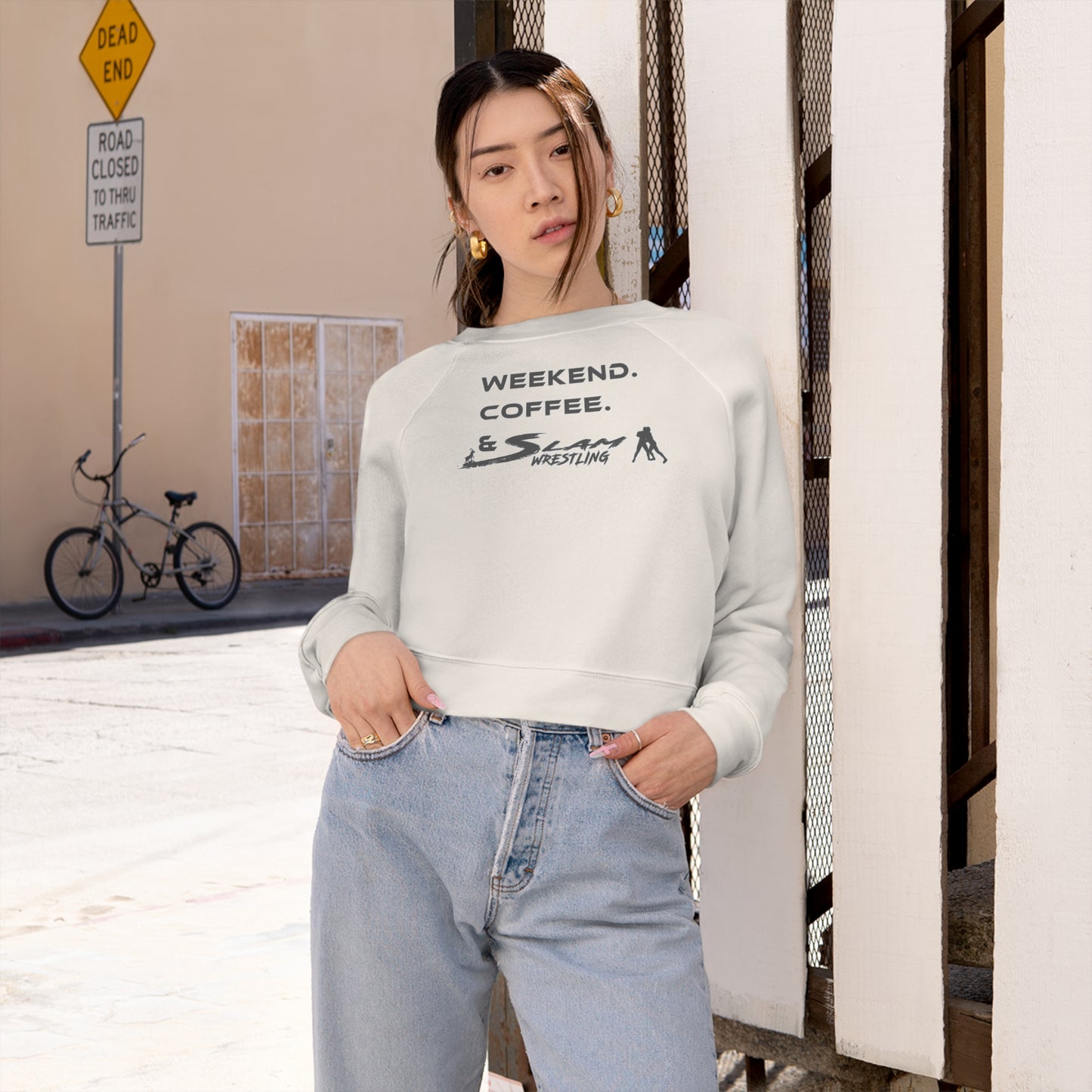 Weekend Coffee and Slam Wrestling Women's Cropped Sweater